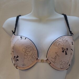 Elegant Floral Print Bra with Black Accents, Satin Feel, Front Closure